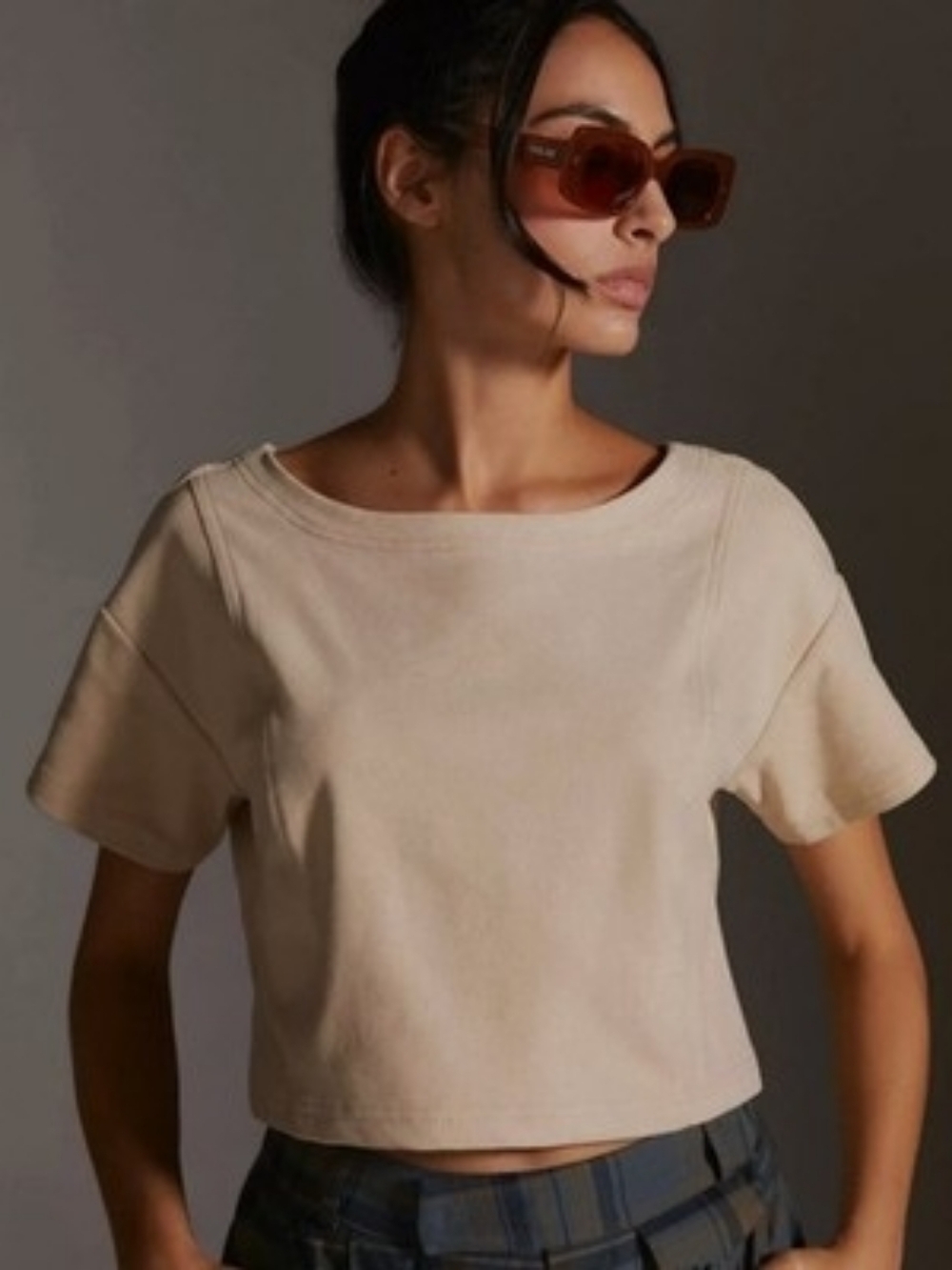 Pilcro Anthropologie Faux Suede Crop Top Beige Tan Short Sleeve Sz L/XL